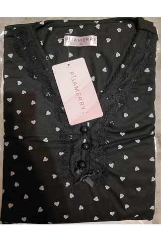 Pijamerry Kadın Bambu Baharlık Dantel Yaka Uzun Kol İnce Pijama Takımı 5211s - 1 Adet Siyah