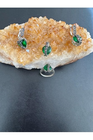 Aysesa Kalpli Yeşim Taşı Üzeri Markazit Kadın Gümüş Set