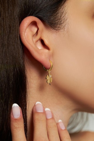 Zirkon Taşlı Gold Dört Yapraklı Yonca Halka Gümüş Küpe