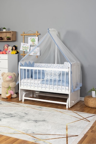Ahşap Beşik Anne Yanı Beşik Beyaz 60x120 Mavi Prens Erkek Uyku Seti Yatak Beyaz