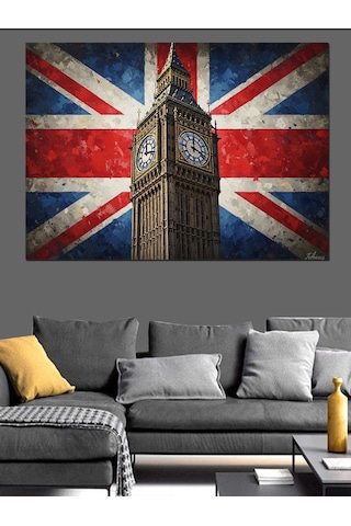 İngiliz Bayrağı Ve Big Ben Dekoratif Kanvas - Mdf Ahşap Tablo