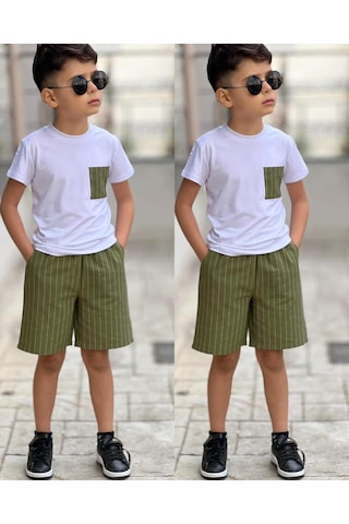 Sy Store Erkek Çocuk Çizgili Şort & Cep Detaylı Basic Tişört Takımı Yazlık Şık Kombin Haki