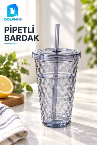 Diamond Pipetli Bardak Kapaklı Şeffaf Desenli Soğuk İçecek Bardağı Çok Renkli
