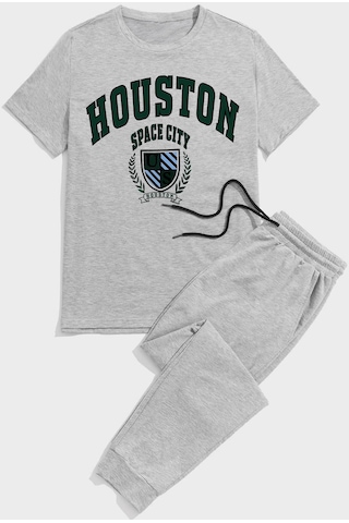 Unisex Houston Baskılı Eşofman Takımı Gri