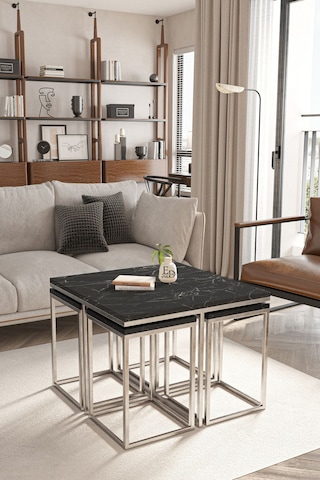 Lizbon 4+1 Kare Sehpa Takımı Gümüş Metal - Siyah Mermer Tabla Gümüş - Siyah Mermer