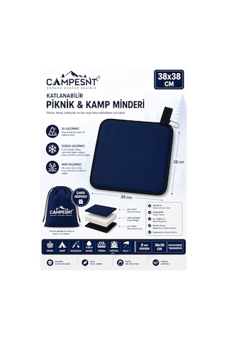 Campesnt Katlanabilir Piknik & Kamp Minderi 38 38 Cm 6 Mm Süngerli Çanta Hediyeli Lacivert