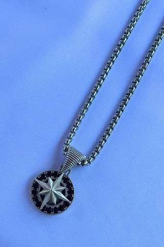 Pusula El İşçiliği Paslanmaz Çelik Zincir Erkek Kolye Gri