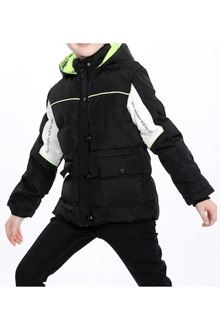 Erkek Çocuk Kolları Renk Bloklu Yazı Desenli Şerit Detaylı Fermuar Çıtçıt Kapamalı Siyah Renk Mont Siyah