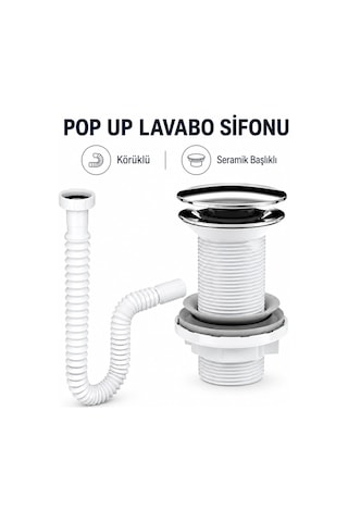 Lexroo Lavabo Sifonu Felix Pop-up Beyaz Evye Lavabo Gider Borusu Koku Önleyici Süzgeçli Bağlantı Standart