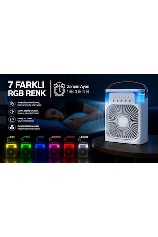 Spreyli Su Püskürtmeli Y Gözlü 3 Kademeli Soğutucu Fan Hava Nemlendirici Renkli Rgb 7 Renk Modu Zaman Ayarlı Masa Üstü Kullanım Taşınabilir Ev Ofis Gece Lambası