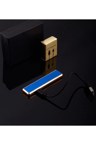 Şık Görünümlü Usb Şarjlı Rezistanslı İnce Slim Metal Çakmak Mavi Lisinya Ahşap