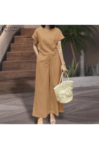 Zanzea Yaz Kıyafetleri Bayan Bluz Ve Pantolon Günlük İki Parçalı Takım Elbise Bej
