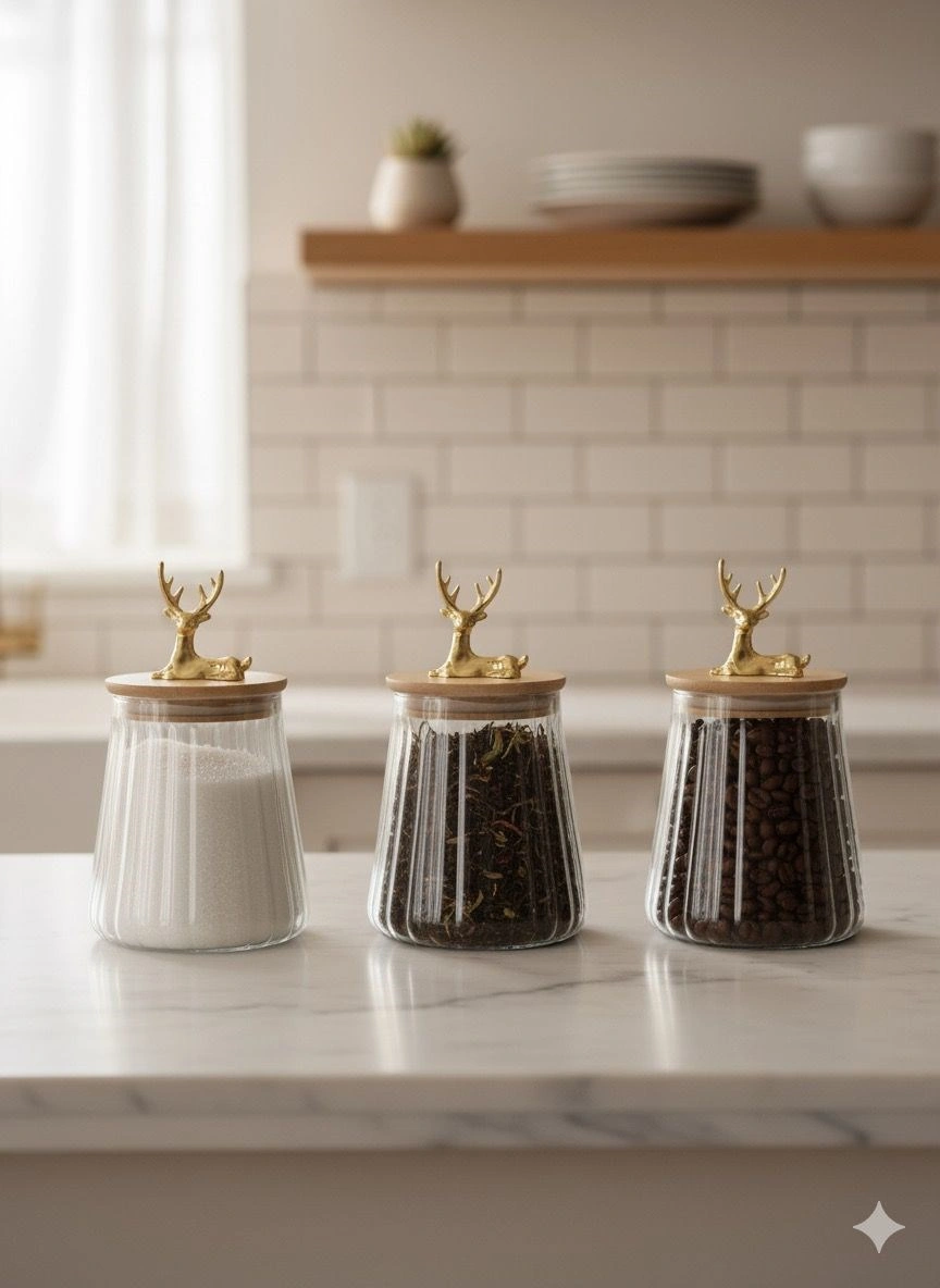 Qerhome Borosilikat Cam Geyik Figürlü Şık Çizgili Chef Prime Cam Kavanoz Mutfak Seti 3 Adet 750 Ml Şeffaf