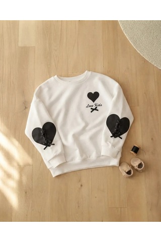 Roya Kız Çocuk Beyaz Kalp Detaylı Sweatshirt Kışlık