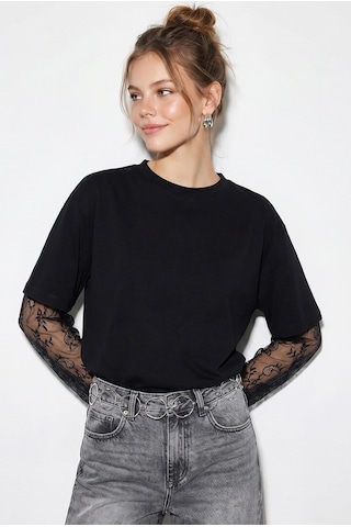 Shade Kadın Bisiklet Yaka Dantel Kollu Oversize Pamuklu T-shirt 1049 60286075 - Siyah