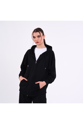 Mmetalic Kadın Siyah Normal Kalıp Basic Beli Lastikli Kapüşonlu Oversize Mevsimlik Alt Üst Eşofman Takımı