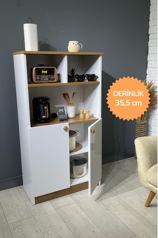 Parla Kahve Köşesi Çok Amaçlı Dolap Kiler Dolabı Mutfak Bangosu Erzak Dolabı Bölmeli Beyaz 72 Cm Beyaz - Ceviz