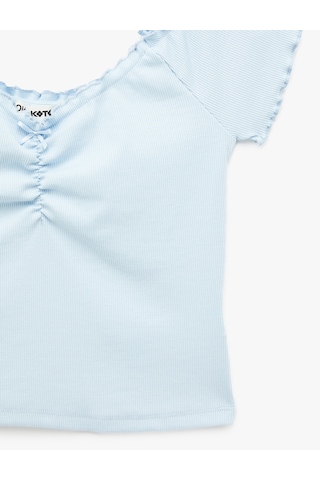 Koton Slim Fit Büzgülü Kayık V Yaka Kısa Kollu Tişört Mavi 6sal10128ık Mavi