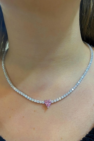 Gümüş Pembe Kalp Taşlı 3 Mm Su Yolu Kolye Altın - Gümüş