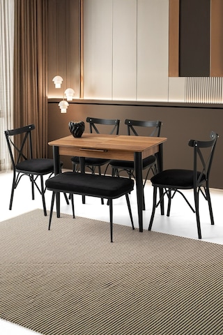 Mini 60 X 100 Milano Mdf Ortadan Açılır Masa 4 Ad Çapraz Sandalye 1 Ad Sırtsız Mini Bench