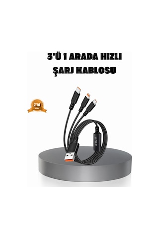 3 Ü 1 Arada Şarj Kablosu Type-c iOS Android Uyumlu Hızlı Güvenli Şarj