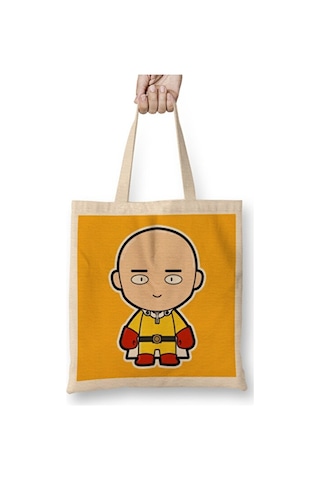 Toyaso Character Saitama One Punchman Chibi Bez Çanta Uzun Saplı Alışveriş Çantası Plaj Çantası Beyaz
