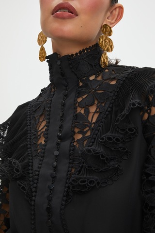Kadın Dantel Detaylı Uzun Kollu Bluz - Yüksek Yaka, Transparan Kol, Şık Ve Modern Tasarım - Ofis Ve Özel Davetler İçin Bluz Siyah