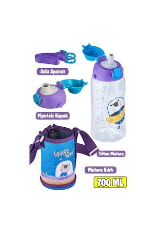 Uzspace 700 Ml Kılıflı 2 Ayrı Kapaklı Pipetli/pipetsiz Tritan Çocuk Su Matarası