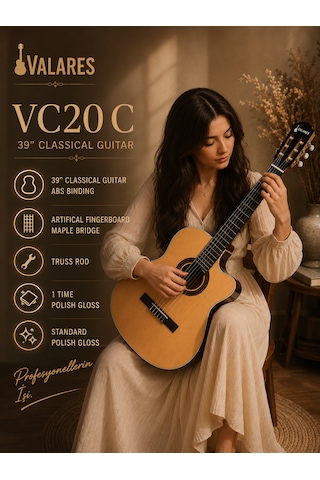 Valares Vc20cn Kesik Kasa Klasik Gitar Natürel 38 İnç 4/4 Yetişkin Üst Segment Çanta Capo Askı Pena Tuner