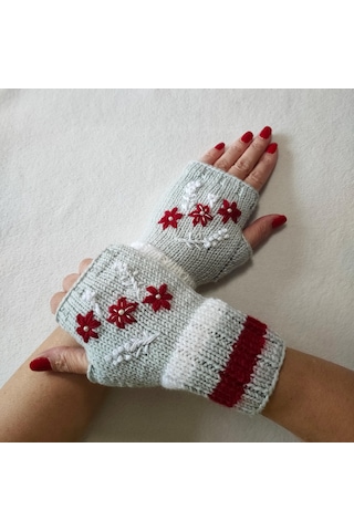 Newdaycraft El Örgüsü Motifli Parmaksız Cicekislemeli Acik Gri Eldiven Açık Gri