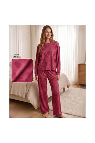 Mihra Kadın Oysho Bisiklet Yaka Uzun Kol Desenli Baharlık Pijama Takımı 20104kt - 1 Adet Kiremit
