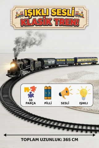 Classic Series Pilli Işıklı Sesli Oyuncak Tren Seti - 33 Parça Nostaljik Tren - 365 Cm Ray