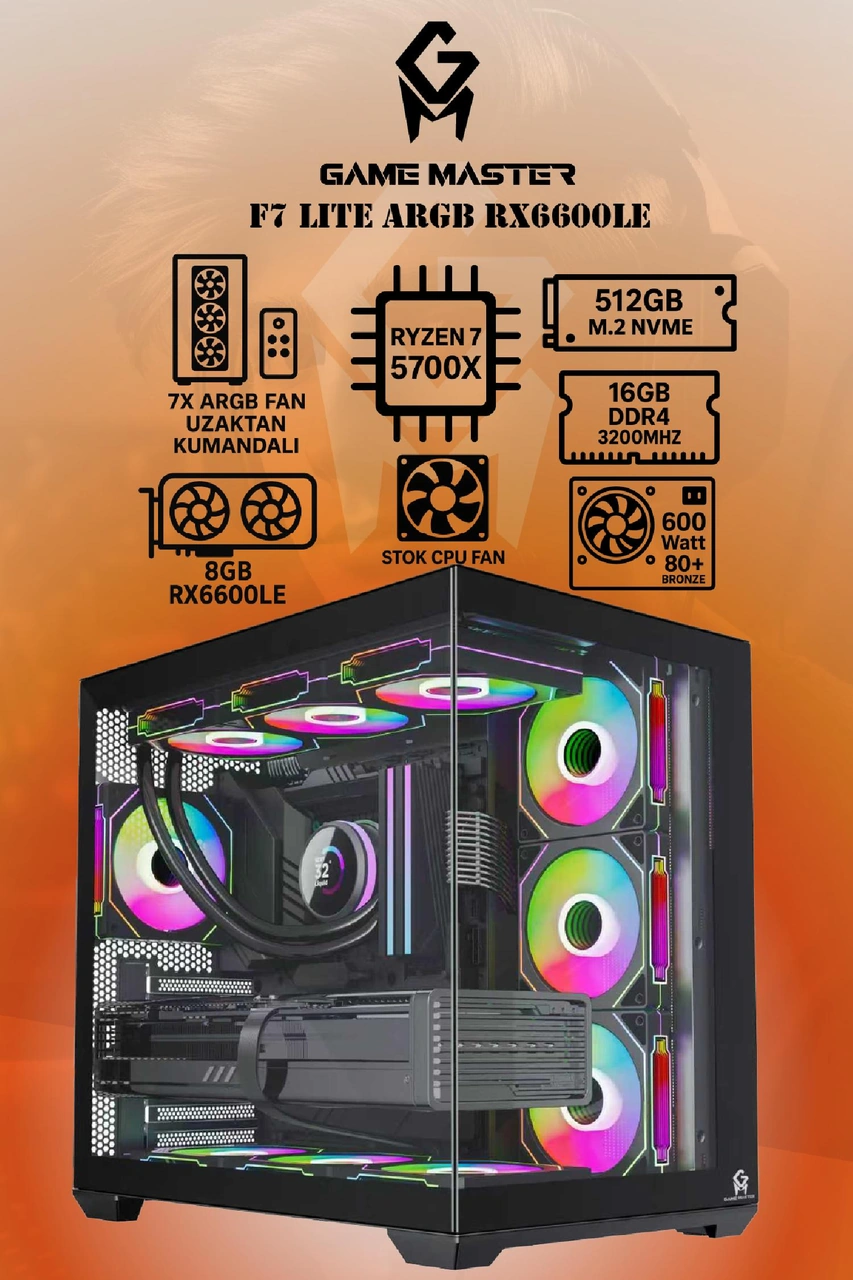 Game Master F7 Lite R7-5700X 16 GB 512 GB RX6600LE Dos Masaüstü Oyuncu Bilgisayarı