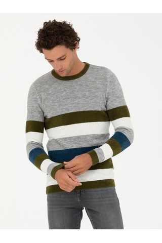 Cacharel Haki Slim Fit Bisiklet Yaka Triko Kazak Yesıl