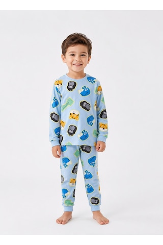 Durukoza %100 Pamuk Erkek Çocuk Pijama Takımı Hayvan Baskılı 4 Mevsim Açik Mavi