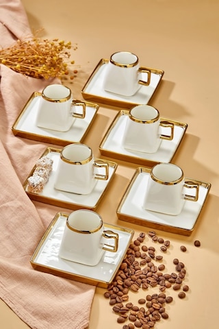 Carmen 6 Kişilik Porselen Gold Detaylı Kahve Fincan Takımı