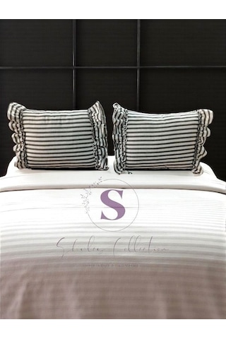 Siyah Çizgili Keten Bohem Fırfırlı Vintage 2'li Dikdörtgen Kırlent Kılıfı Renkli