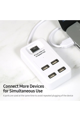Maiyame 4 Port Usb 2.0 Yüksek Hızlı Hub Eş Zamanlı Kullanım Büyük Dosyaların Hızlı Aktarımı 480mbps İletim Hızı Tek Tuşla Kontrol Beyaz