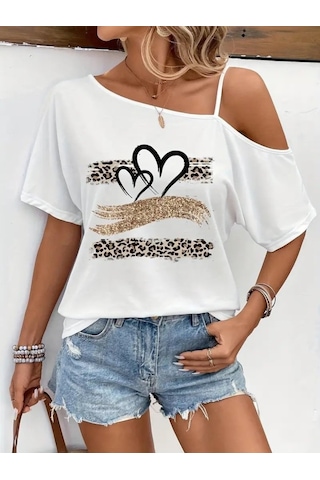 Kadın Tek Omuzu Açık Ip Askılı Baskılı Viskon Bluz Beyaz