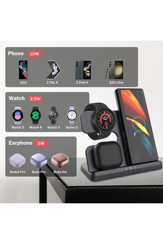 Maiyame Samsung Uyumlu Telefon, Saat Ve Kulaklık İçin 15w Hızlı Şarj, Dikey Masaüstü 3'ü 1 Kablosuz Şarj Aleti, Siyah, Avrupa Standartı