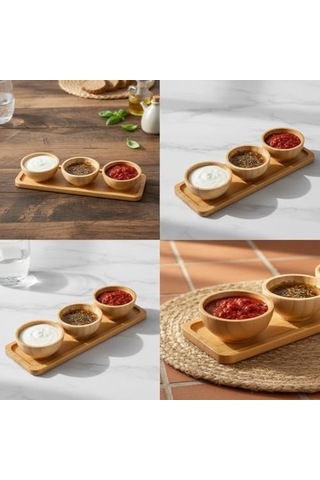 Doğal Bambu Standlı 3&apos Lü Yuvarlak Sosluk Ve Çerezlik Seti 20x6,5 Cm - Kahvaltılık İkramlık Takımı