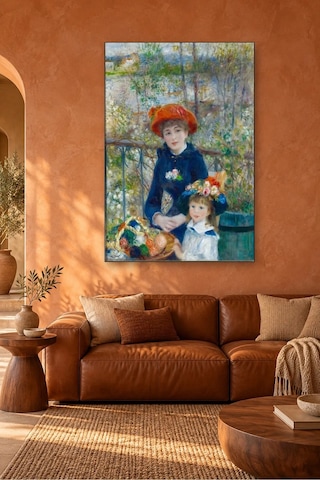 Fida Renoir Terasta Kırmızı Şapkalı İki Kız Kardeş Canvas Tablo Çok Renkli