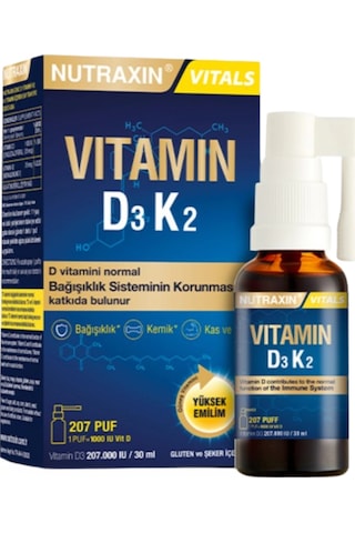 Nutraxin D3-k2 Sprey - 1000 Iu D3 Ve 25 Mcg K2 Vitamini 30 Ml