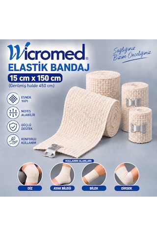Wicromed Elastik Bandaj 15cm X 150 Cm Metal Klipsli Esnek Destek Bandajı 50 Adet