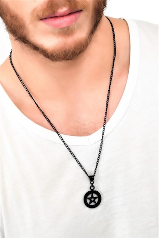 Erkek Siyah Oksit Kaplama Pentagram Simge Uçlu Kolye Siyah