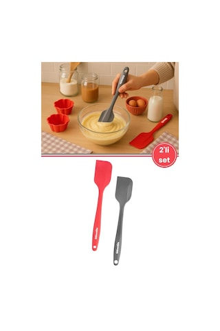 Silicolife 2 Li Spatula Set, Isıya Dayanıklı Yanmaz Yapışmaz Silikon Spatula 2 Adet Kırmızı-antrasit 21cm Kırmızı