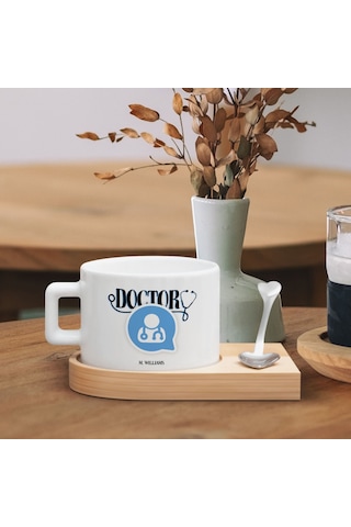 Bk Gift Kişiye Özel İsimli Doktor Tasarımlı-3, Ahşap Altlıklı Seramik Fincan, Meslek Hediyesi, Yeni İş Hediyesi Kobitmeyen137932 Bk Gift