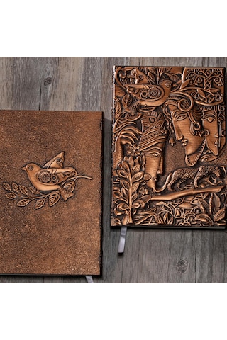 Hediyelik Bakır Deri Defter Uzun Yüz Kabartmalı