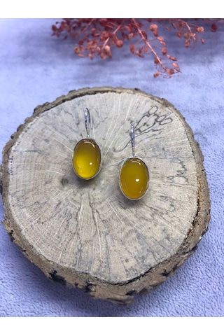 Sarı Akik Taşı Gümüş Küpe 925 Ayar Doğal Taş