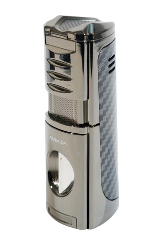 Parmida 3 Torch Pürmüz Kesici & Delici & Sehpalı Karbon Desenli Metal Puro Çakmağı - Tr9489